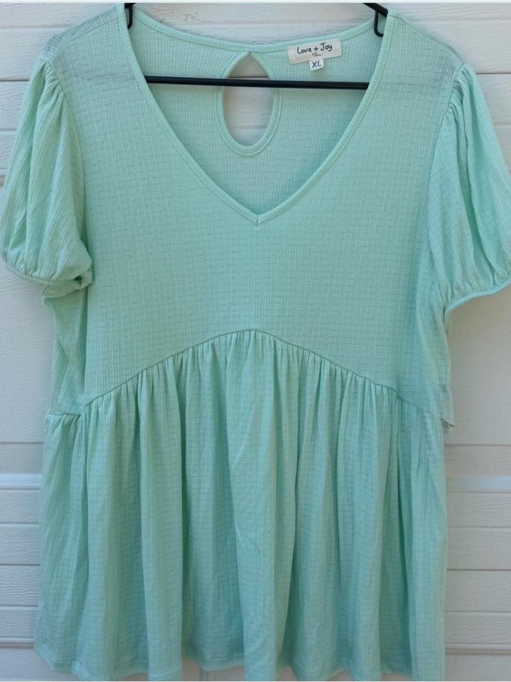 Love + Joy light Mint Green V-Neck Puff-Sleeve Babydoll Knit Top sz Large